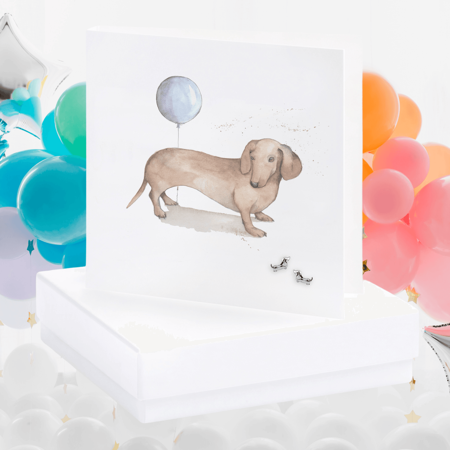 Sterling Silver Heart Stud Earrings with Sausage Dog Greeting Card - Gift Boxed - Crumble and Core
