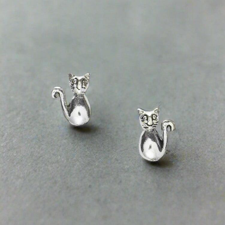 Silver Cat Earrings – Hypoallergenic Sterling Silver Studs | Lightweight Ear Studs - Crumble and Core
