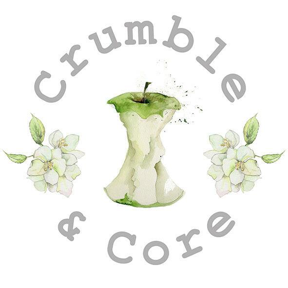Crumble and Core logo with apple core and white flowers watercolor design