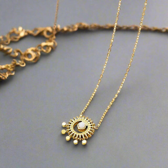 Gold and Stone Sun Pendant Necklace and Here Comes the Sun Card Gift Set - Crumble and Core