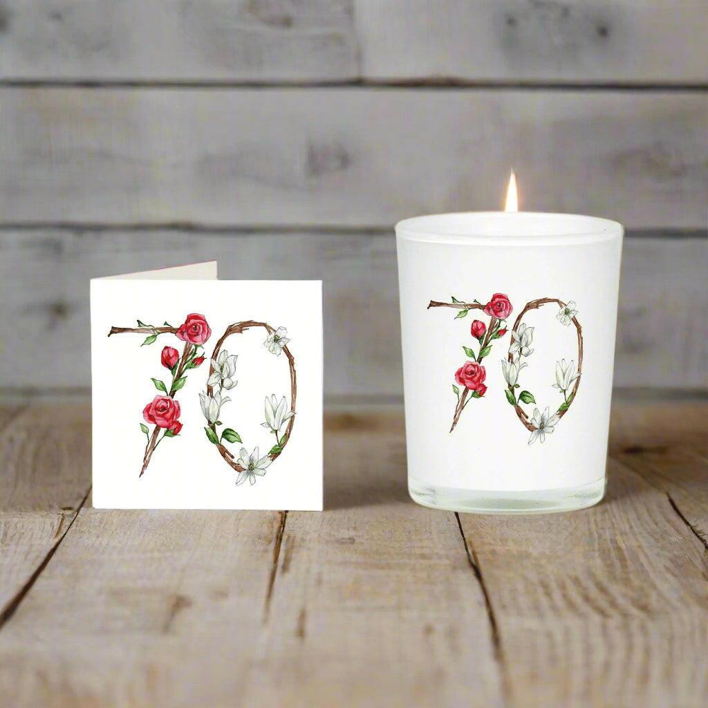 70th Birthday Gift Set Boxed Scented Candle & Card for a Memorable Milestone Celebration - Crumble and Core