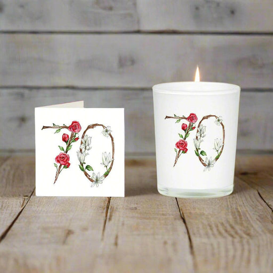70th Birthday Gift Set Boxed Scented Candle & Card for a Memorable Milestone Celebration - Crumble and Core