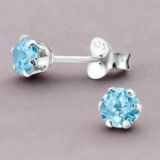 Aquamarine Silver Earrings – Sterling Silver Studs With Sparkling Crystal Accents - Crumble and Core