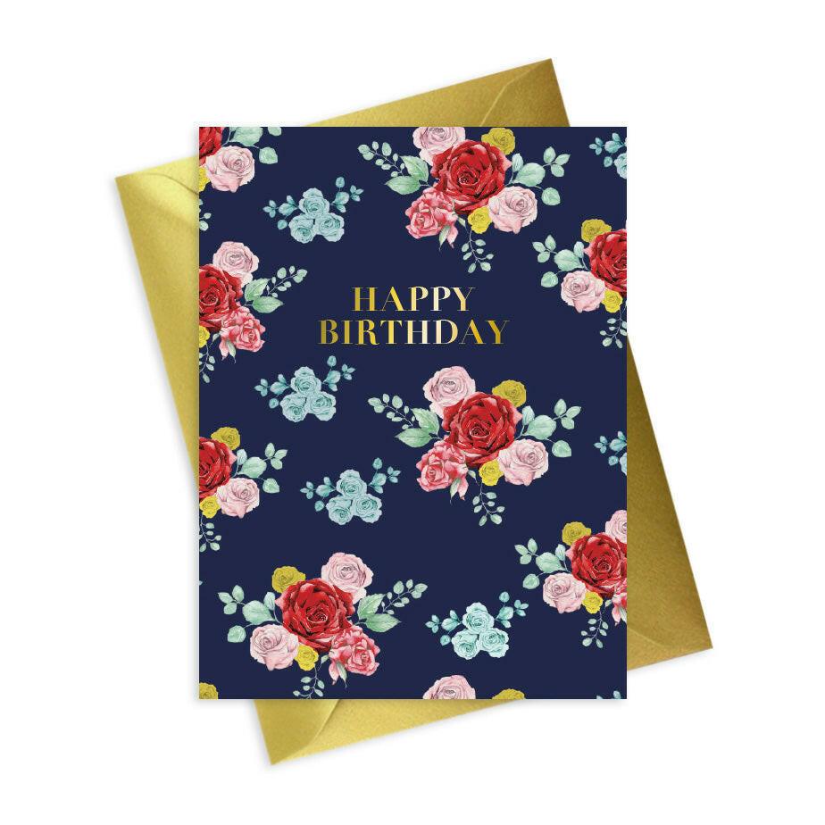 Floral Foiled Happy Birthday Card - Handmade Greeting Card with Gold Foil Accents - Crumble and Core