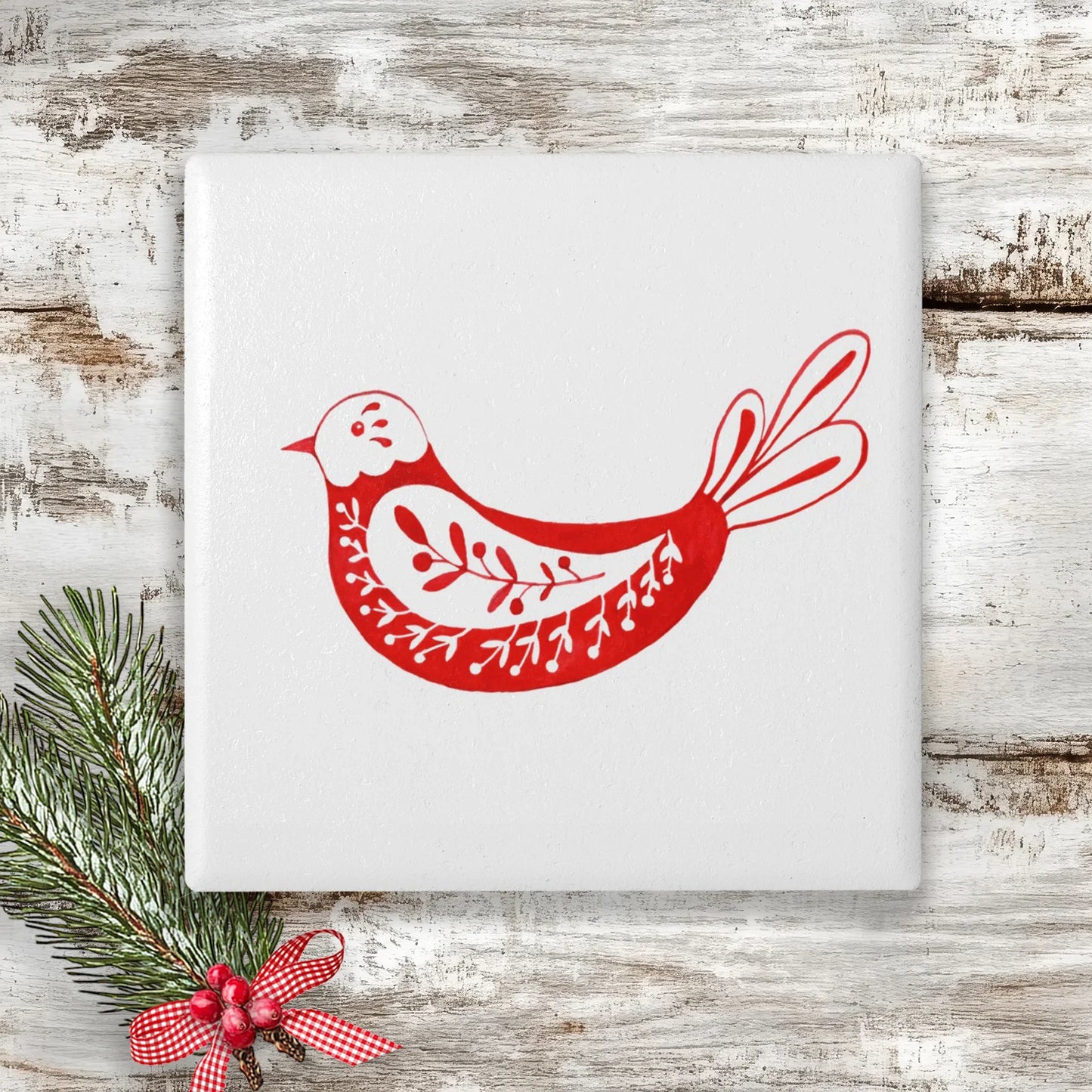 Christmas Coaster - Ceramic Drinks Coaster - Nordic Bird - Crumble and Core