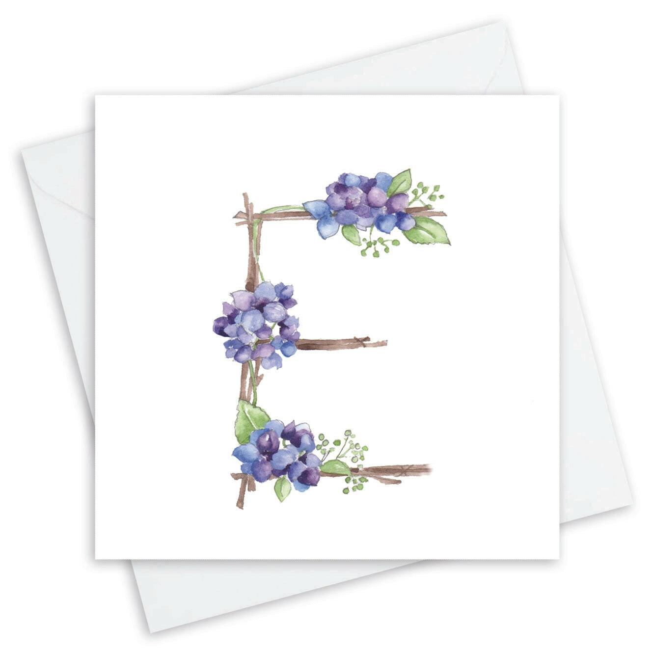 Handcrafted floral letter E greeting card with purple flowers, Crumble and Core UK design