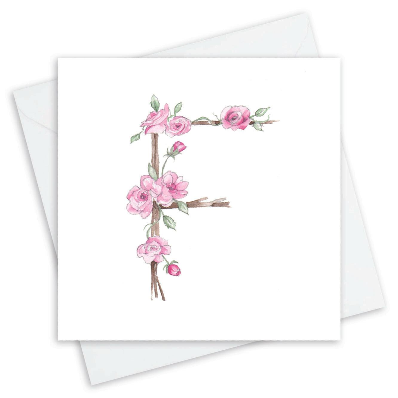 Handcrafted greeting card with floral letter F, Crumble and Core boxed card, UK design