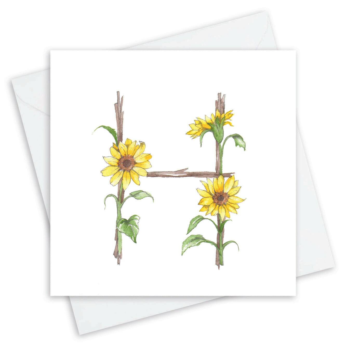 Handcrafted card with letter H made of sunflowers and twigs, Crumble and Core gift