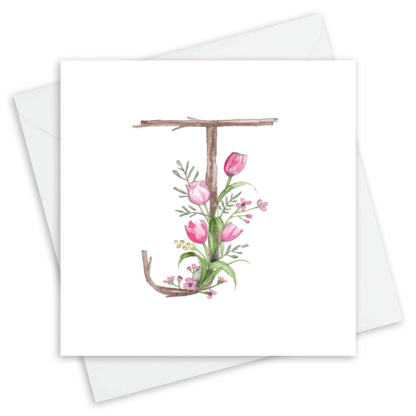 Crumble and Core greeting card with floral letter J and pink watercolor flowers