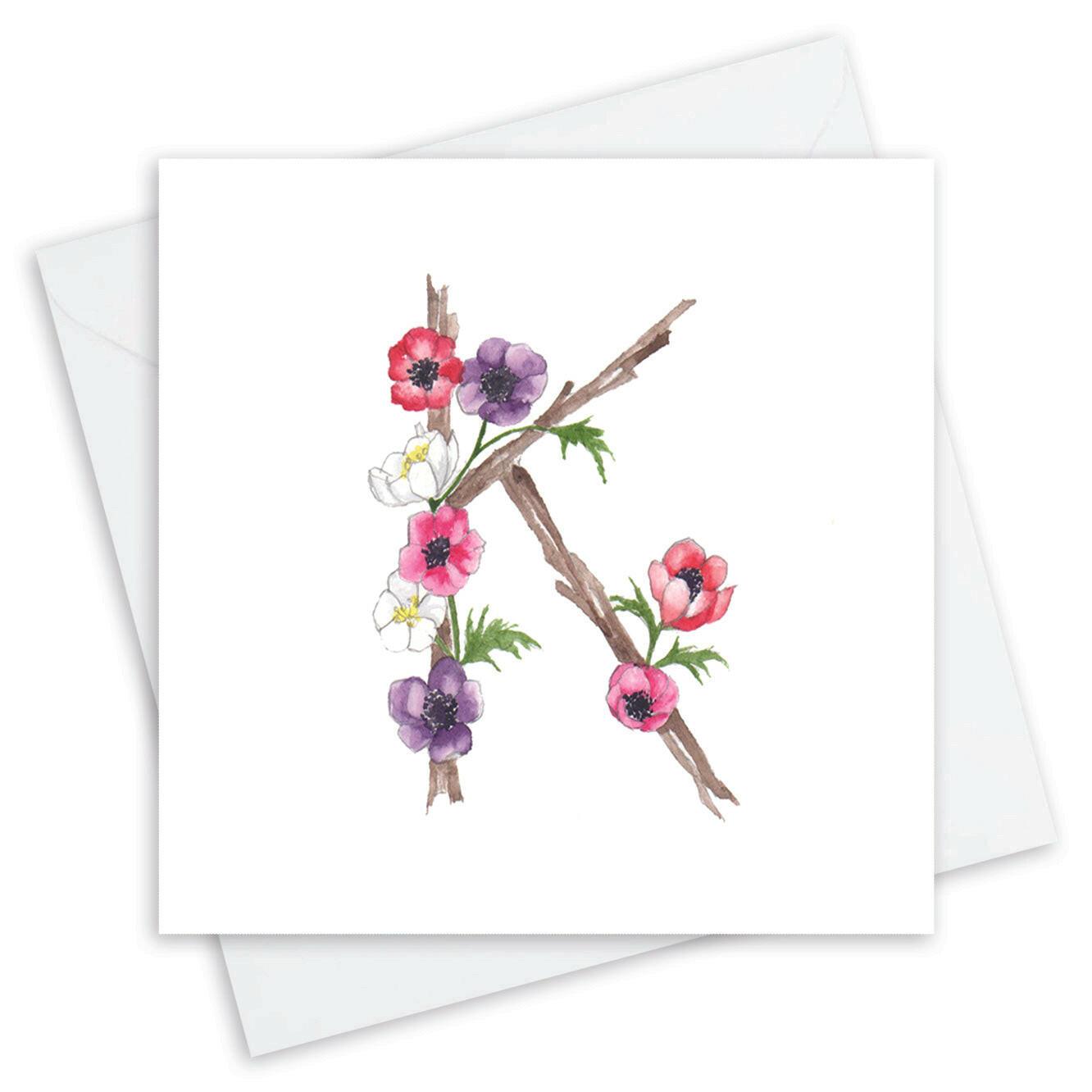 Handcrafted floral initial K greeting card with watercolor flowers and envelope by Crumble and Core