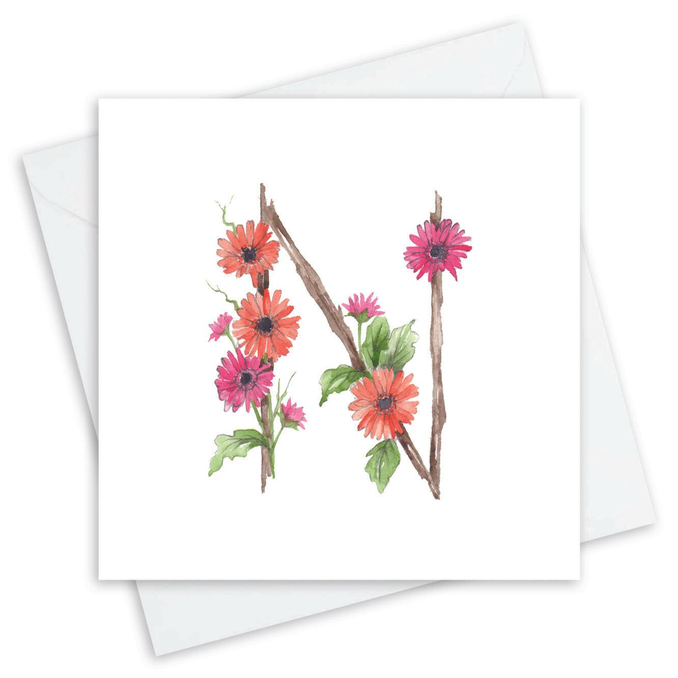 Handcrafted card with floral letter N design by Crumble and Core, UK gifts