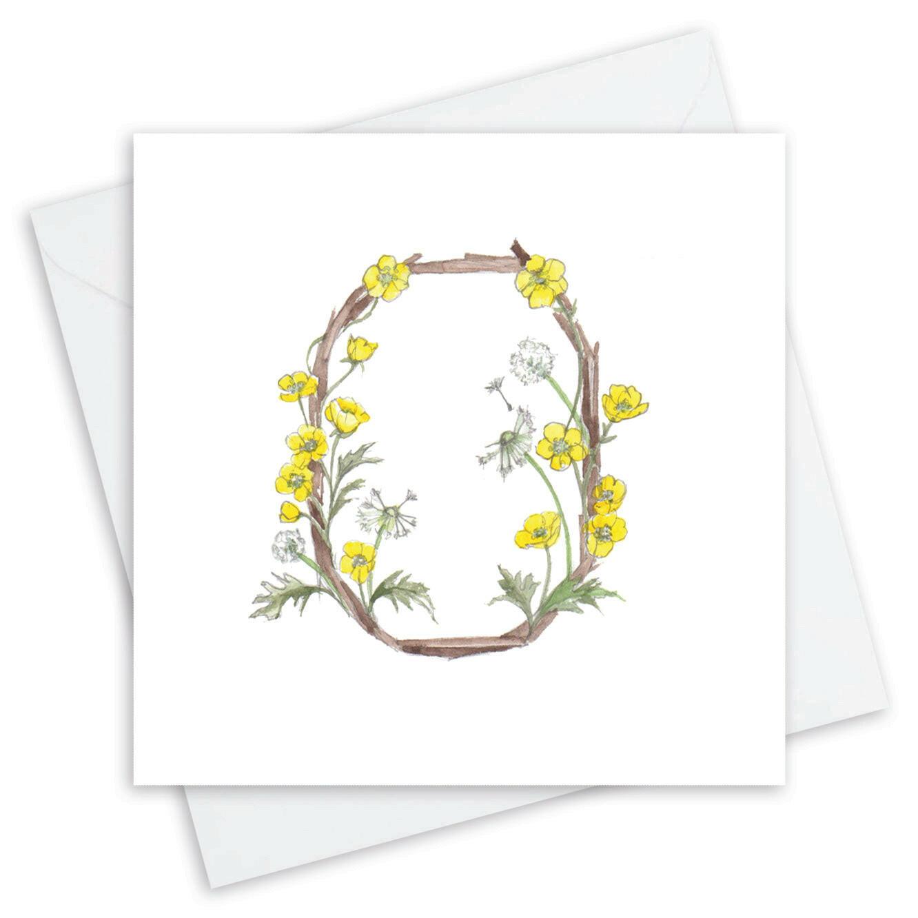 Handcrafted card with floral O design, yellow buttercup flowers, Crumble and Core gift