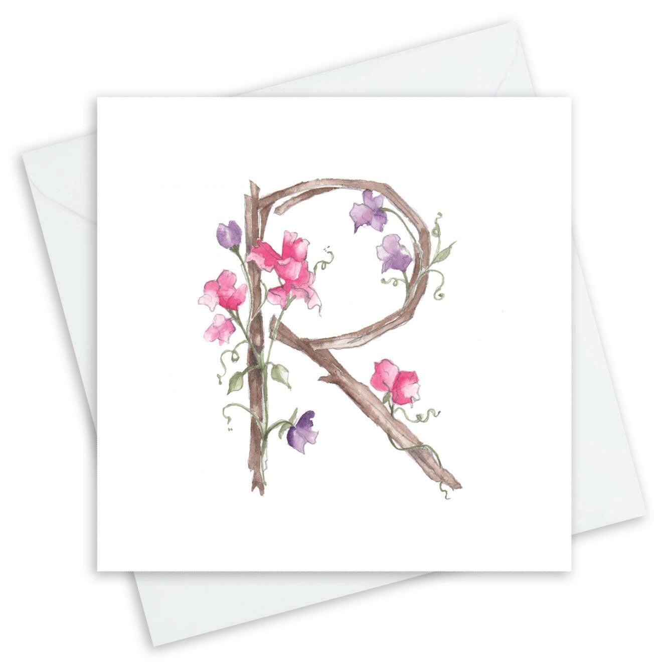 Handcrafted Crumble and Core card with floral letter R design, pink and purple flowers