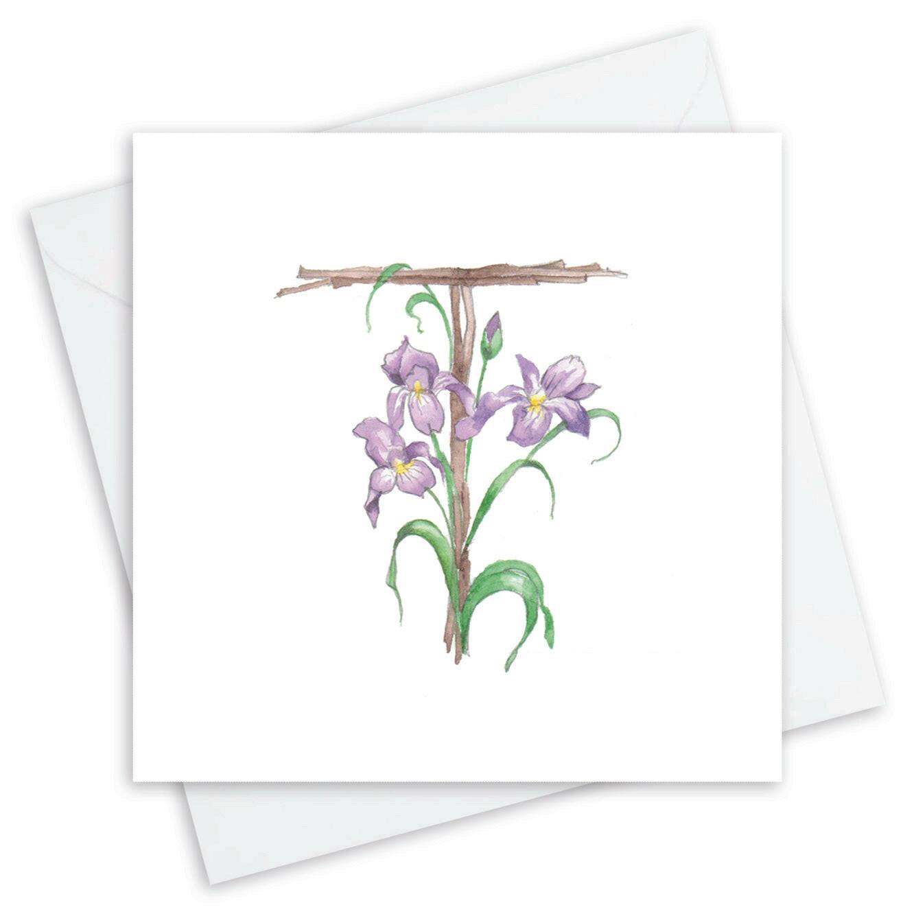 Handcrafted card with watercolor purple irises, Crumble and Core floral greeting card