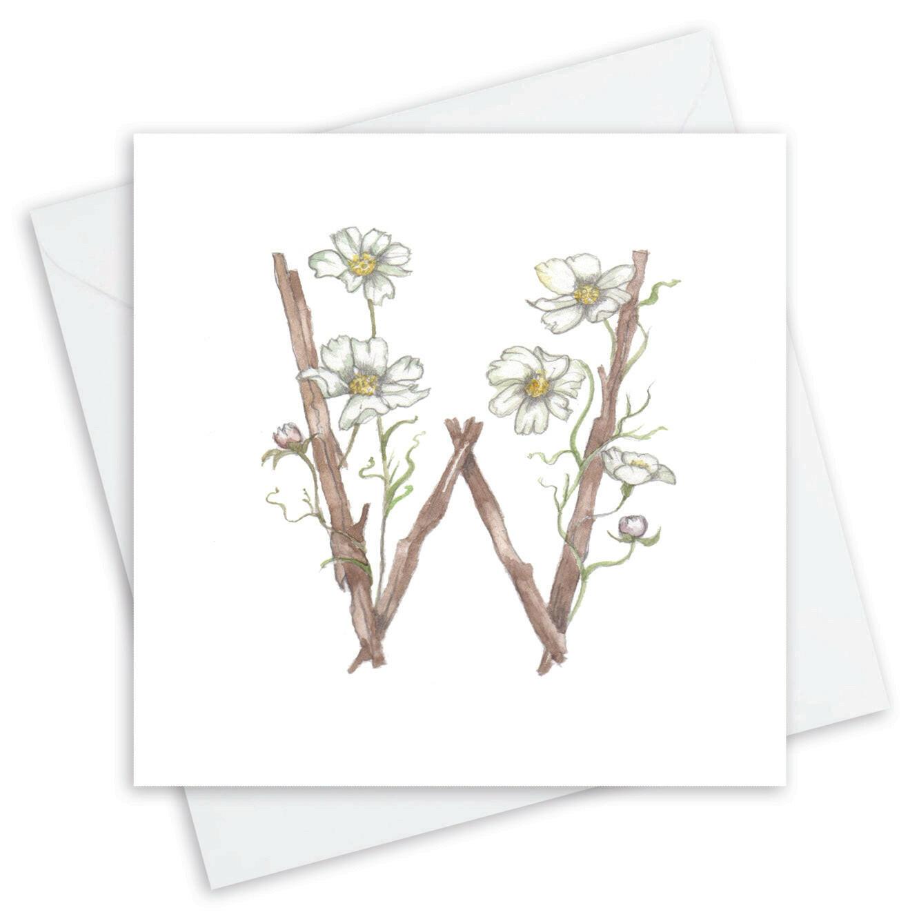 Handcrafted Crumble and Core floral W initial greeting card with white flowers on twigs