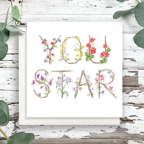 Floral Letter Alphabet Congratulations Card - You Star Design for Celebrations - Crumble and Core