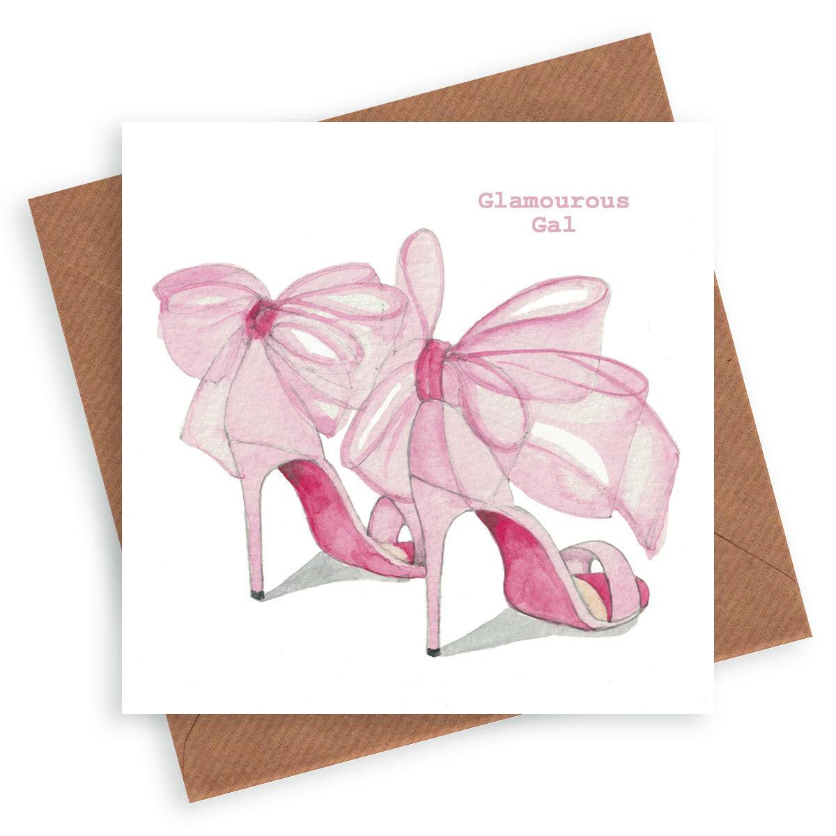 Pink Bow Shoes Glamorous Gal Greeting Card - Crumble and Core