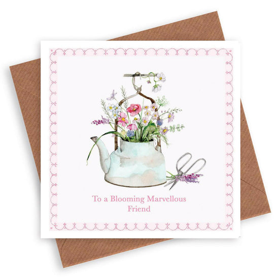 Flowers In Kettle Friend Card - Unique Greeting Card - Crumble and Core