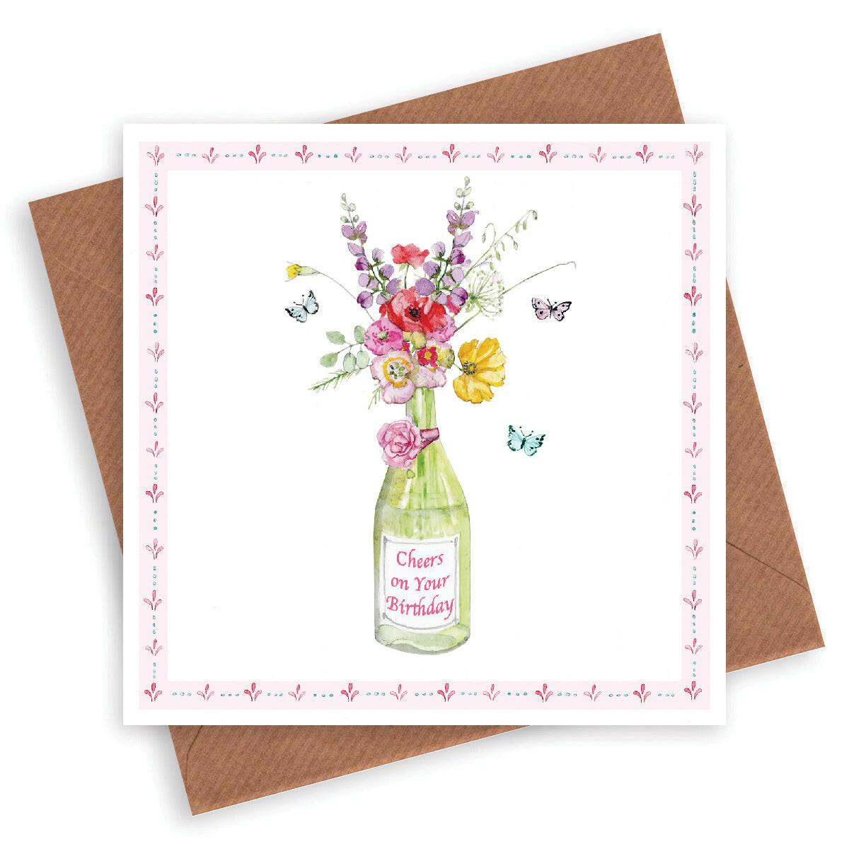 Wine Bottle & Flowers Birthday Card - Unique Greeting Card - Crumble and Core