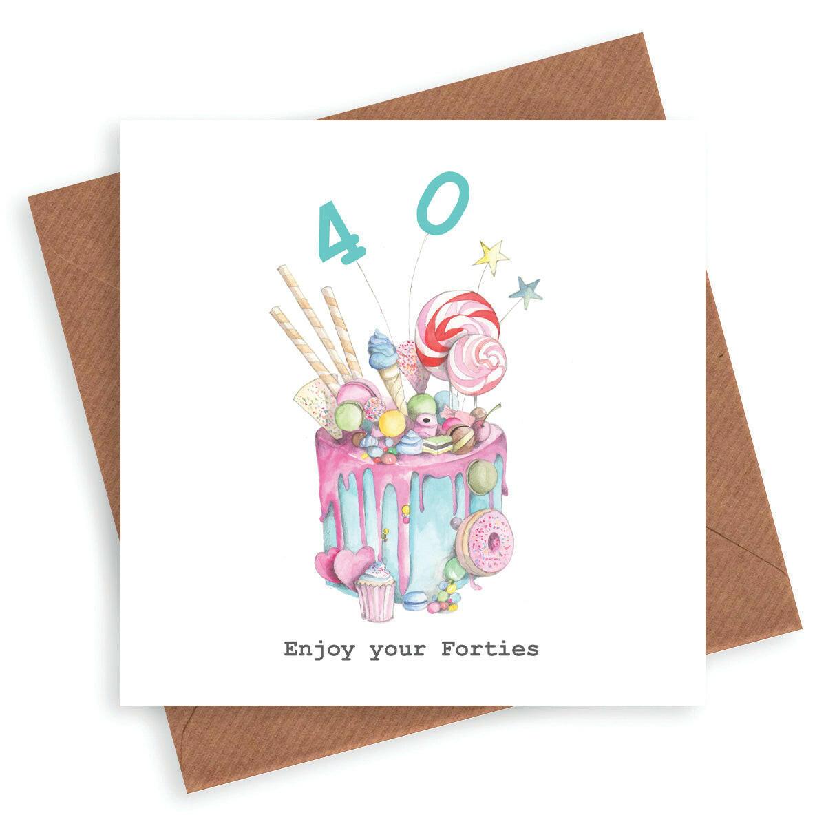 Crumble and Core 40th birthday card with illustrated cake, sweets, and 'Enjoy your Forties' text.