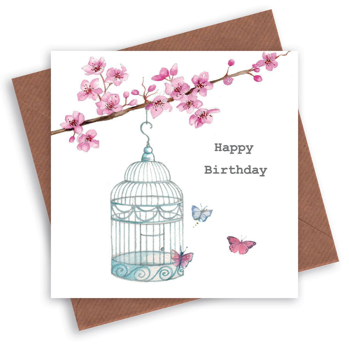 Birdcage and Butterflies Happy Birthday Card - Crumble and Core