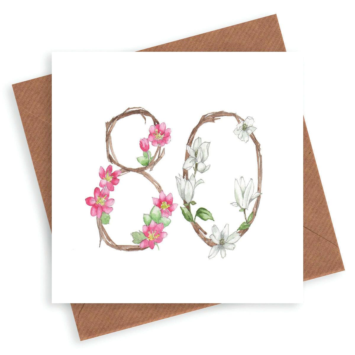 Hand finished Premium Floral Numbers 80th Birthday Card - Crumble and Core