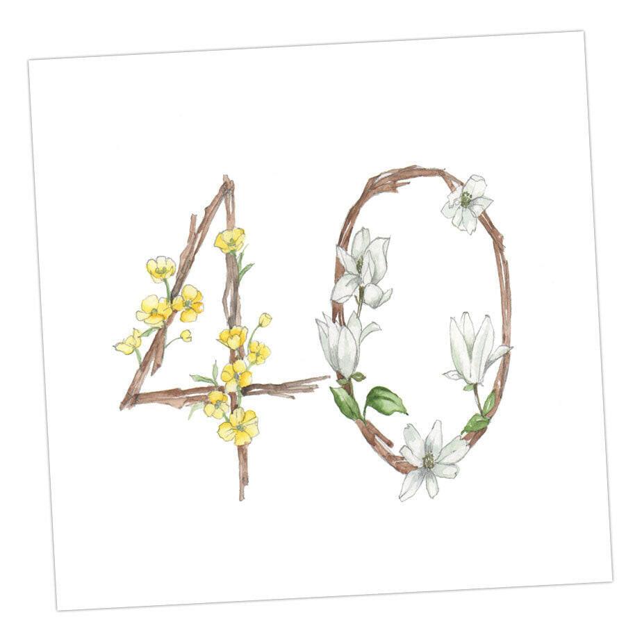 Premium 40th Birthday Card for Her - Hand Finished with Floral Design - Crumble and Core
