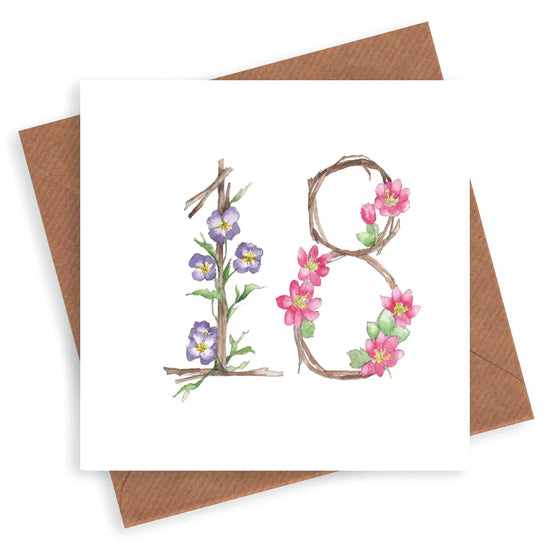 Premium 18th Birthday Card - Floral Numbers Design for Her Milestone Birthday - Hand Finished Greeting Card - Crumble and Core