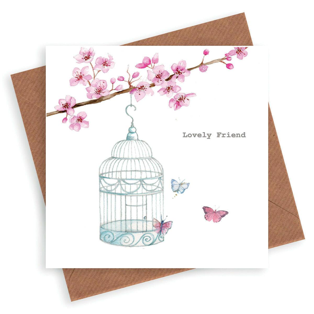 Birdcage and Butterflies Lovely Friend Card - Crumble and Core