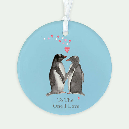 Ceramic Keepsake Hanging Decoration - A6 Greeting Card with Ceramic Keepsake - Penguins Love - Crumble and Core