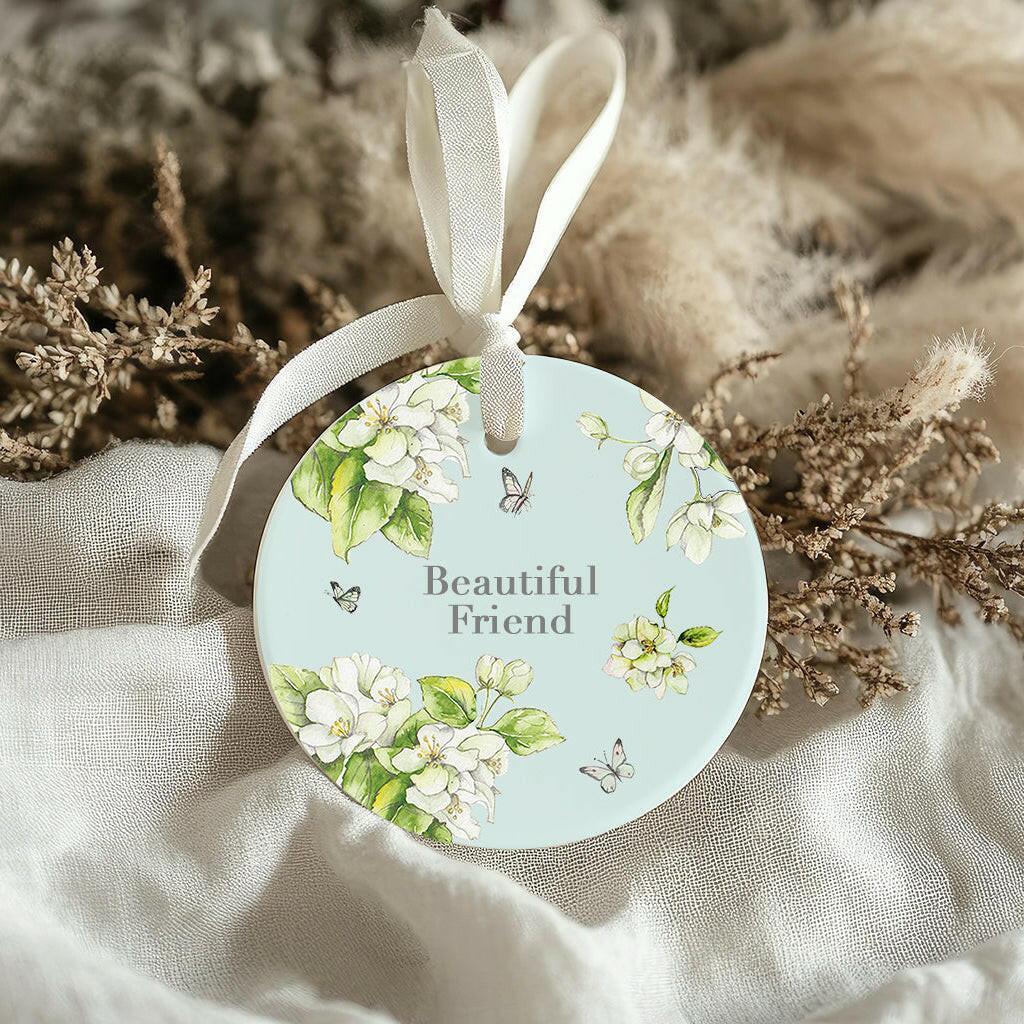 Ceramic Keepsake Hanging Decoration - A6 Greeting Card with Ceramic Keepsake - Blossom Blue Beautiful Friend - Crumble and Core