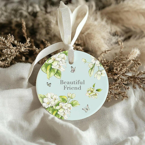 Ceramic Keepsake Hanging Decoration - A6 Greeting Card with Ceramic Keepsake - Blossom Blue Beautiful Friend - Crumble and Core