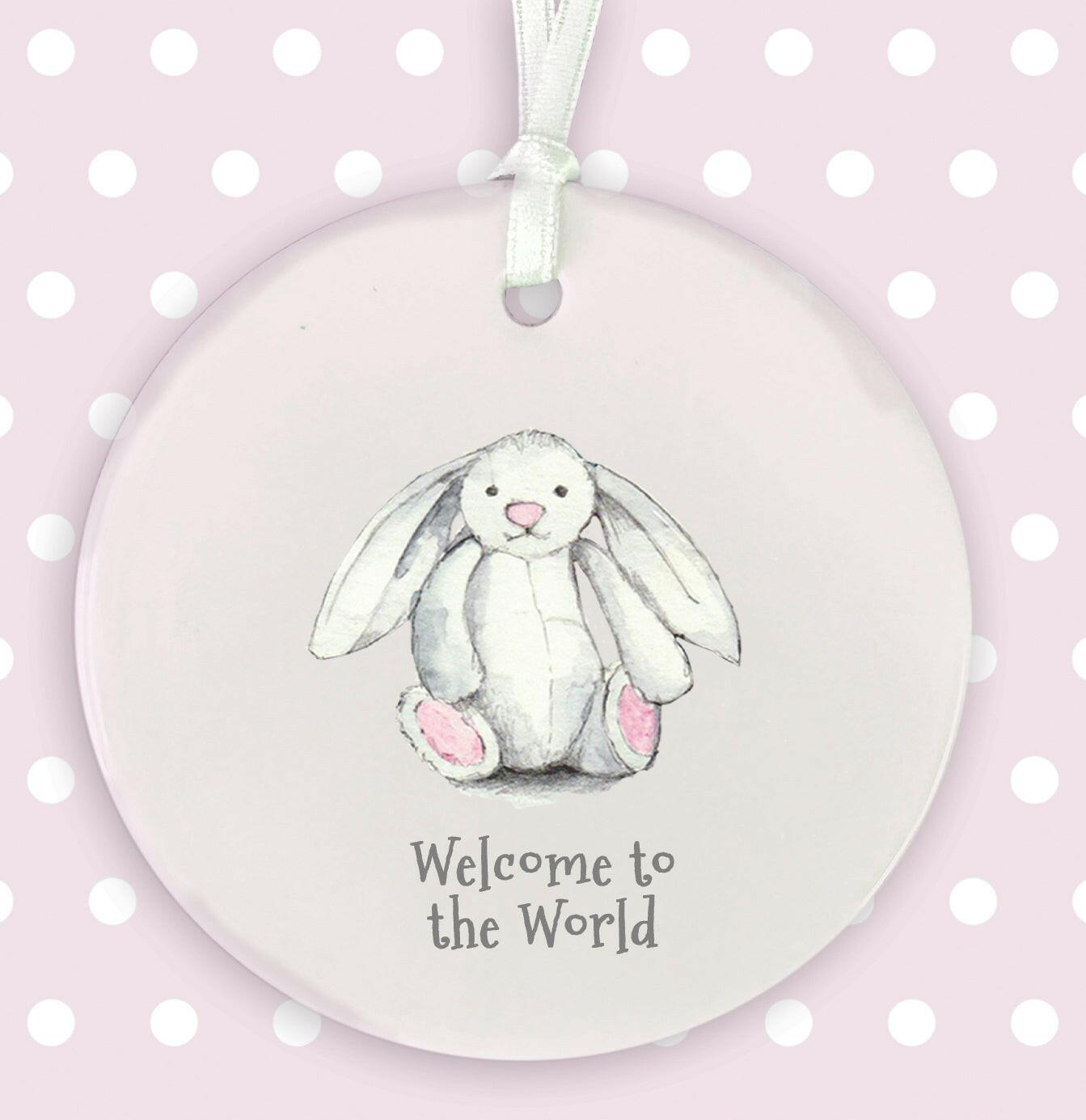 Ceramic Keepsake Hanging Decoration - A6 Greeting Card with Ceramic Keepsake - Baby Girl Bunny - Crumble and Core