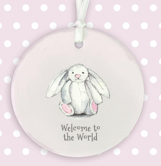 Ceramic Keepsake Hanging Decoration - A6 Greeting Card with Ceramic Keepsake - Baby Girl Bunny - Crumble and Core