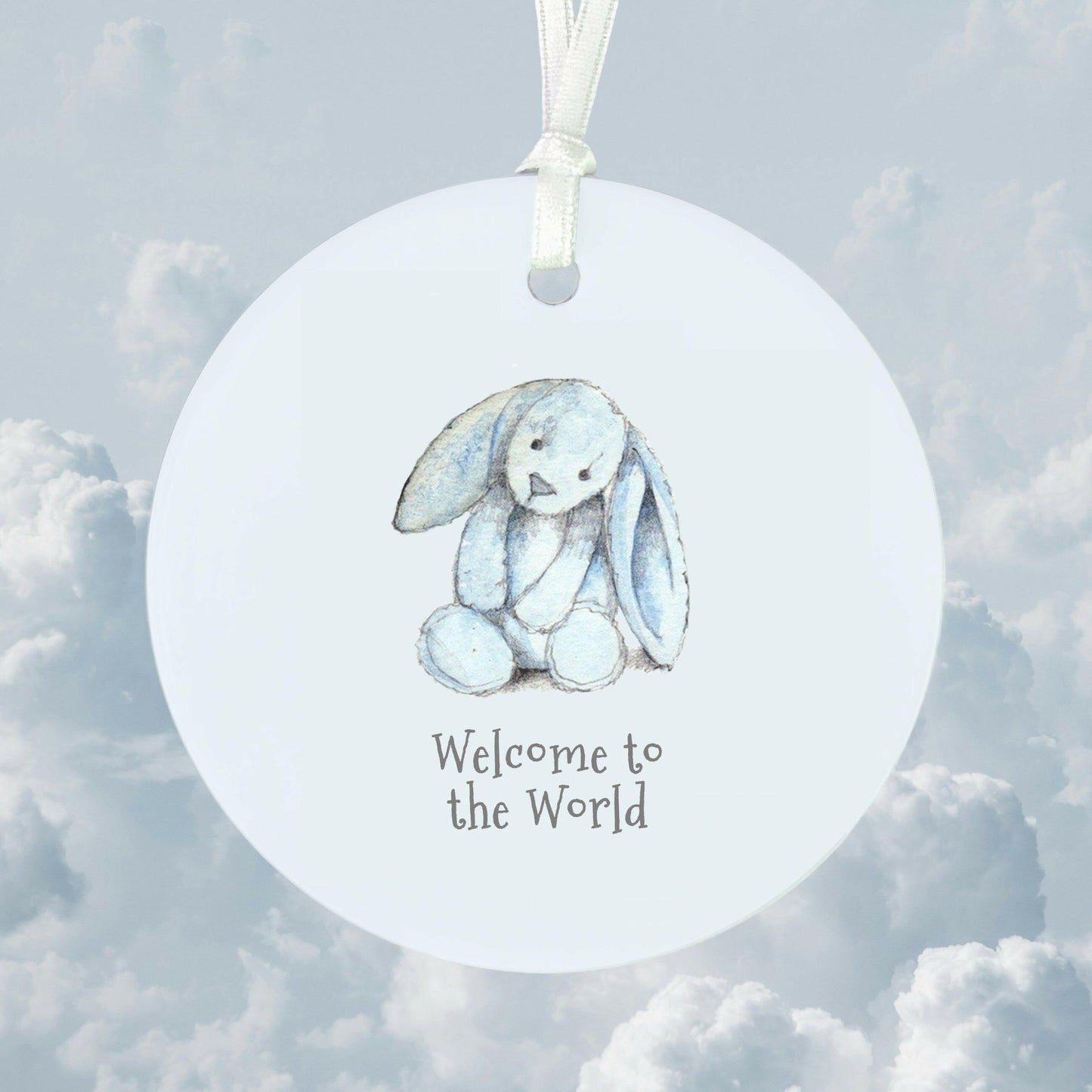 Ceramic Keepsake Hanging Decoration - A6 Greeting Card with Ceramic Keepsake - Baby Boy Bunny - Crumble and Core