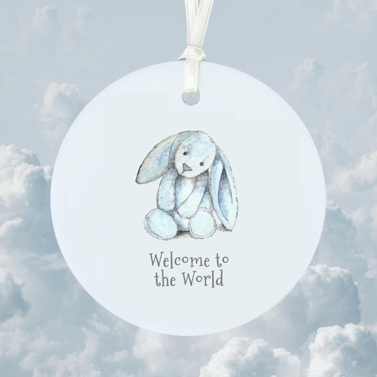 Ceramic Keepsake Hanging Decoration - A6 Greeting Card with Ceramic Keepsake - Baby Boy Bunny - Crumble and Core