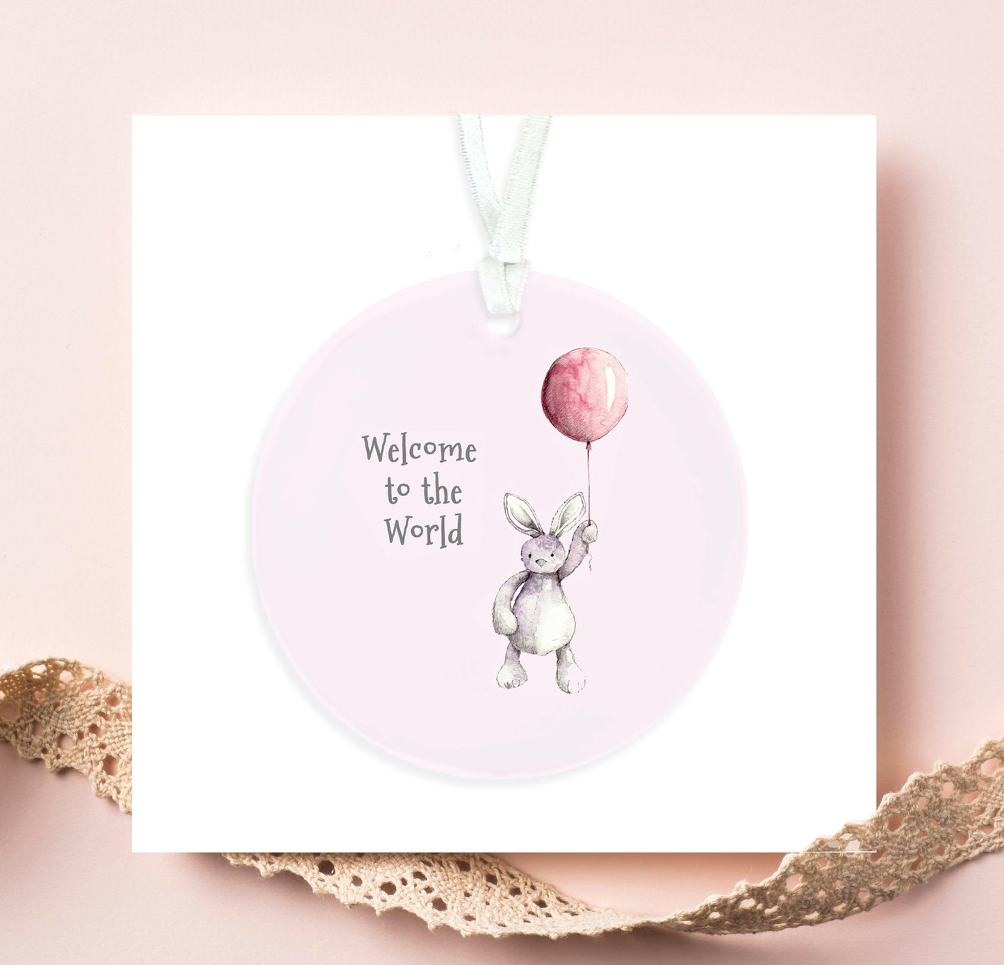 Ceramic Keepsake Hanging Decoration - A6 Greeting Card with Ceramic Keepsake - Baby Girl Teddy and Balloon - Crumble and Core
