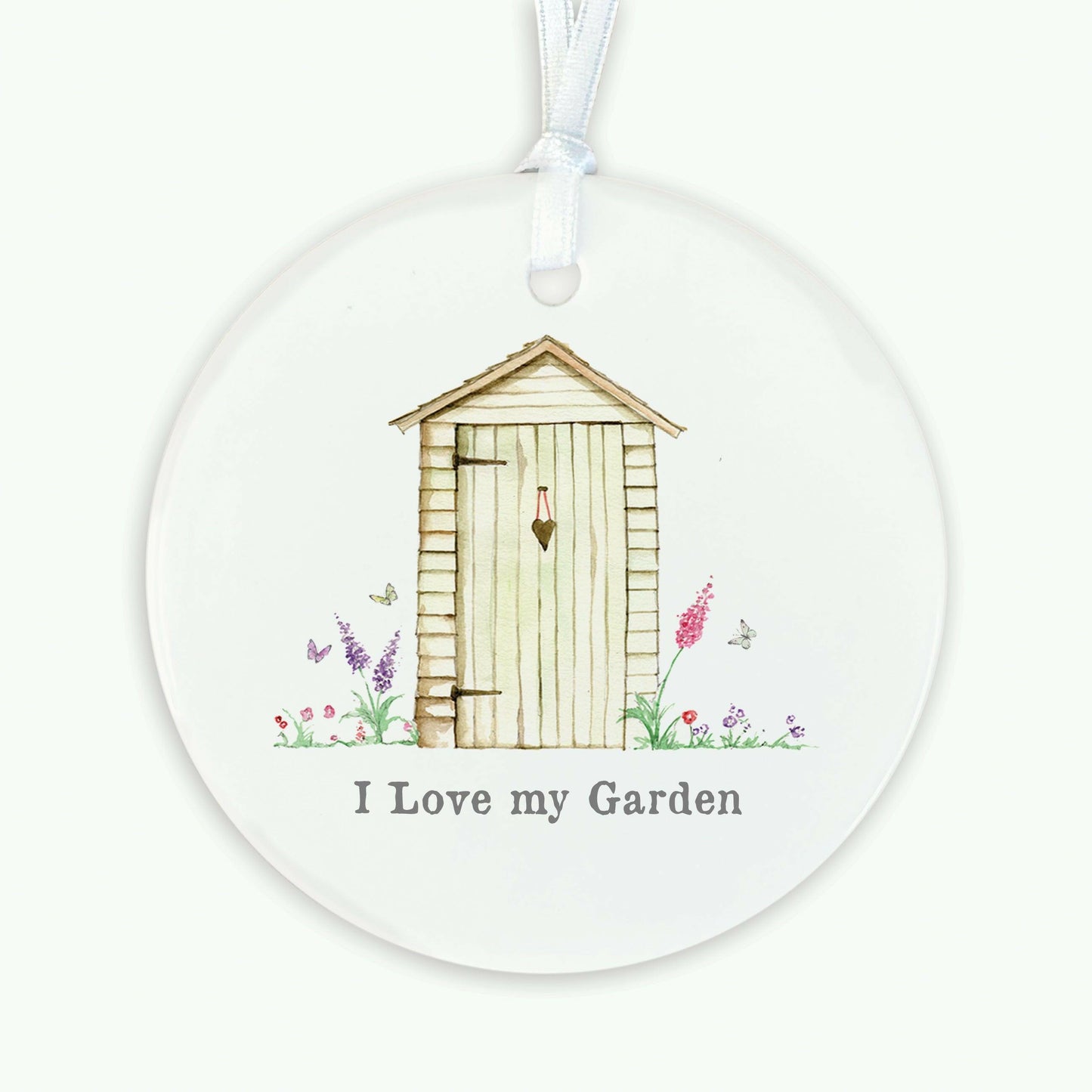 Ceramic Keepsake Hanging Decoration - A6 Greeting Card with Ceramic Keepsake - Garden Shed - Crumble and Core