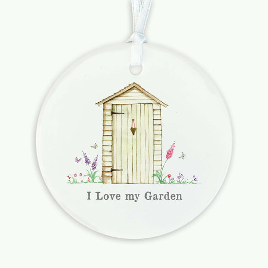 Ceramic Keepsake Hanging Decoration - A6 Greeting Card with Ceramic Keepsake - Garden Shed - Crumble and Core