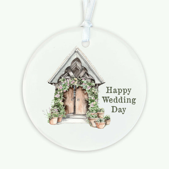 Ceramic Keepsake Hanging Decoration - A6 Greeting Card with Ceramic Keepsake - Wedding Church - Crumble and Core