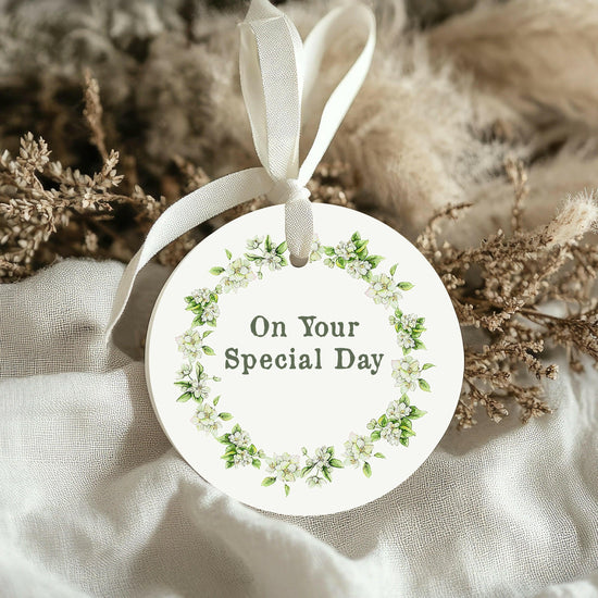 Ceramic Keepsake Hanging Decoration - A6 Greeting Card with Ceramic Keepsake - Special Day Wreath - Crumble and Core