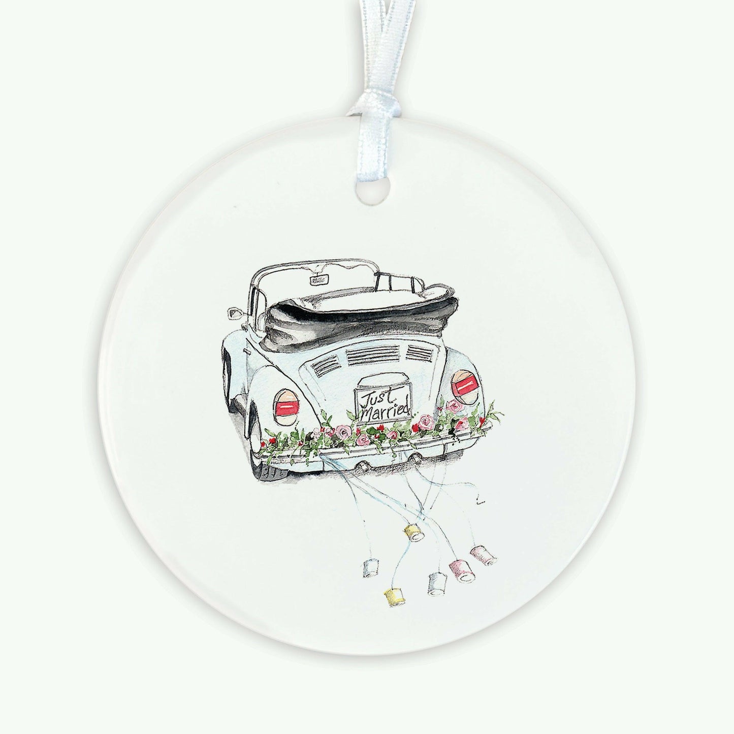 Ceramic Keepsake Hanging Decoration - A6 Greeting Card with Ceramic Keepsake - Wedding Car - Crumble and Core