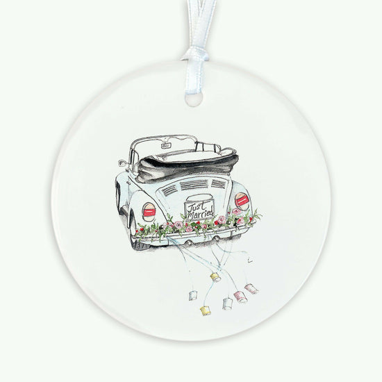 Ceramic Keepsake Hanging Decoration - A6 Greeting Card with Ceramic Keepsake - Wedding Car - Crumble and Core