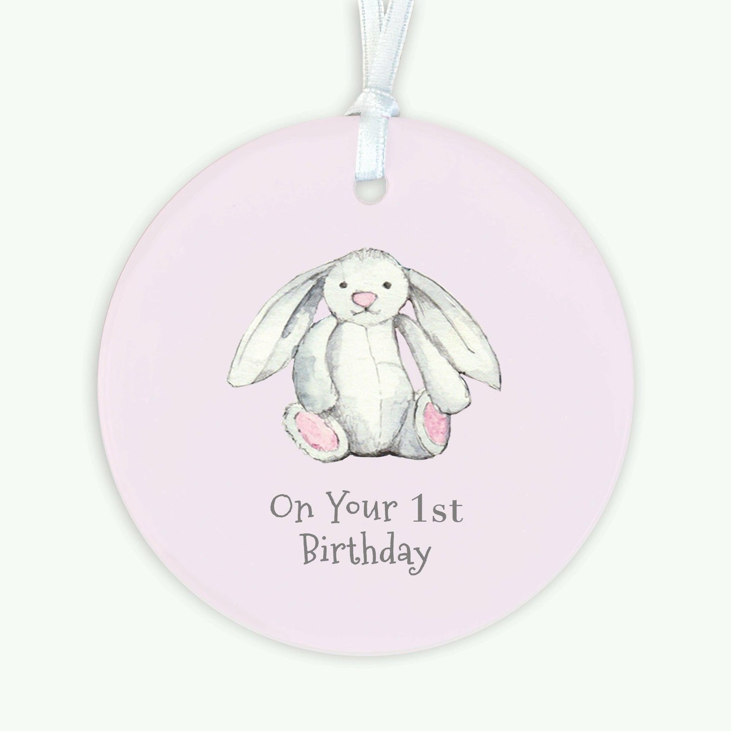 Ceramic Keepsake Hanging Decoration - A6 Greeting Card with Ceramic Keepsake - Baby 1st Birthday Girl Bunny - Crumble and Core