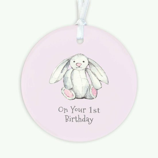 Ceramic Keepsake Hanging Decoration - A6 Greeting Card with Ceramic Keepsake - Baby 1st Birthday Girl Bunny - Crumble and Core
