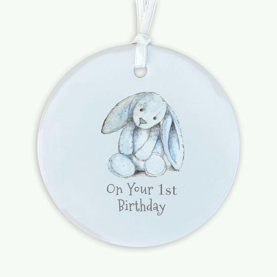 Ceramic Keepsake Hanging Decoration - A6 Greeting Card with Ceramic Keepsake - Baby 1st Birthday Boy Bunny - Crumble and Core