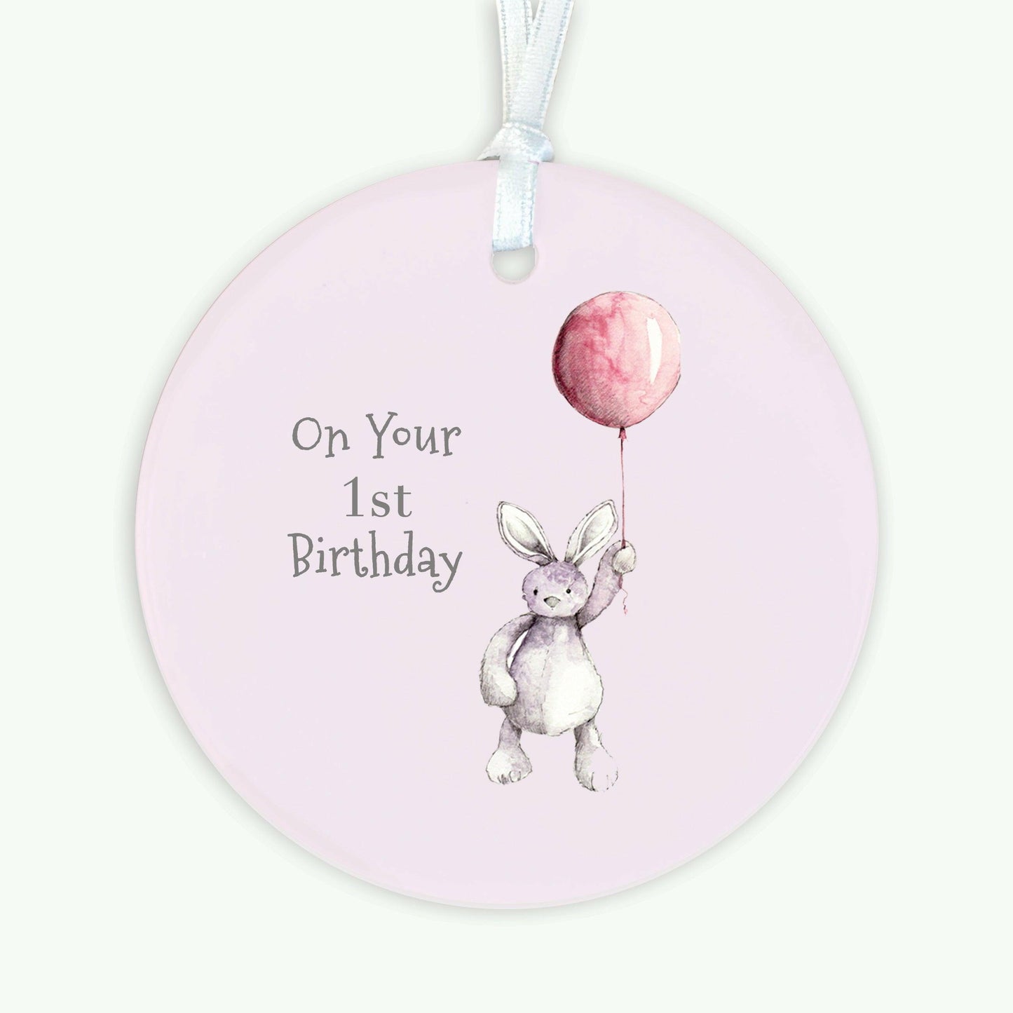 Ceramic Keepsake Hanging Decoration - A6 Greeting Card with Ceramic Keepsake - Baby 1st Birthday Girl Teddy & Balloon - Crumble and Core