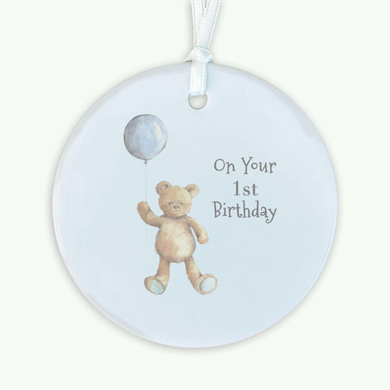 Ceramic Keepsake Hanging Decoration - A6 Greeting Card with Ceramic Keepsake - Baby 1st Birthday Boy Teddy & Balloon - Crumble and Core