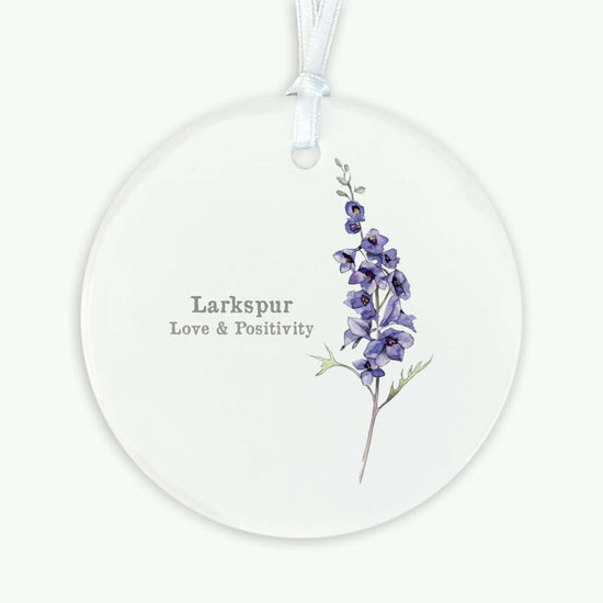 Ceramic Keepsake Hanging Decoration - A6 Greeting Card with Ceramic Keepsake - Flowers Larkspur - Crumble and Core