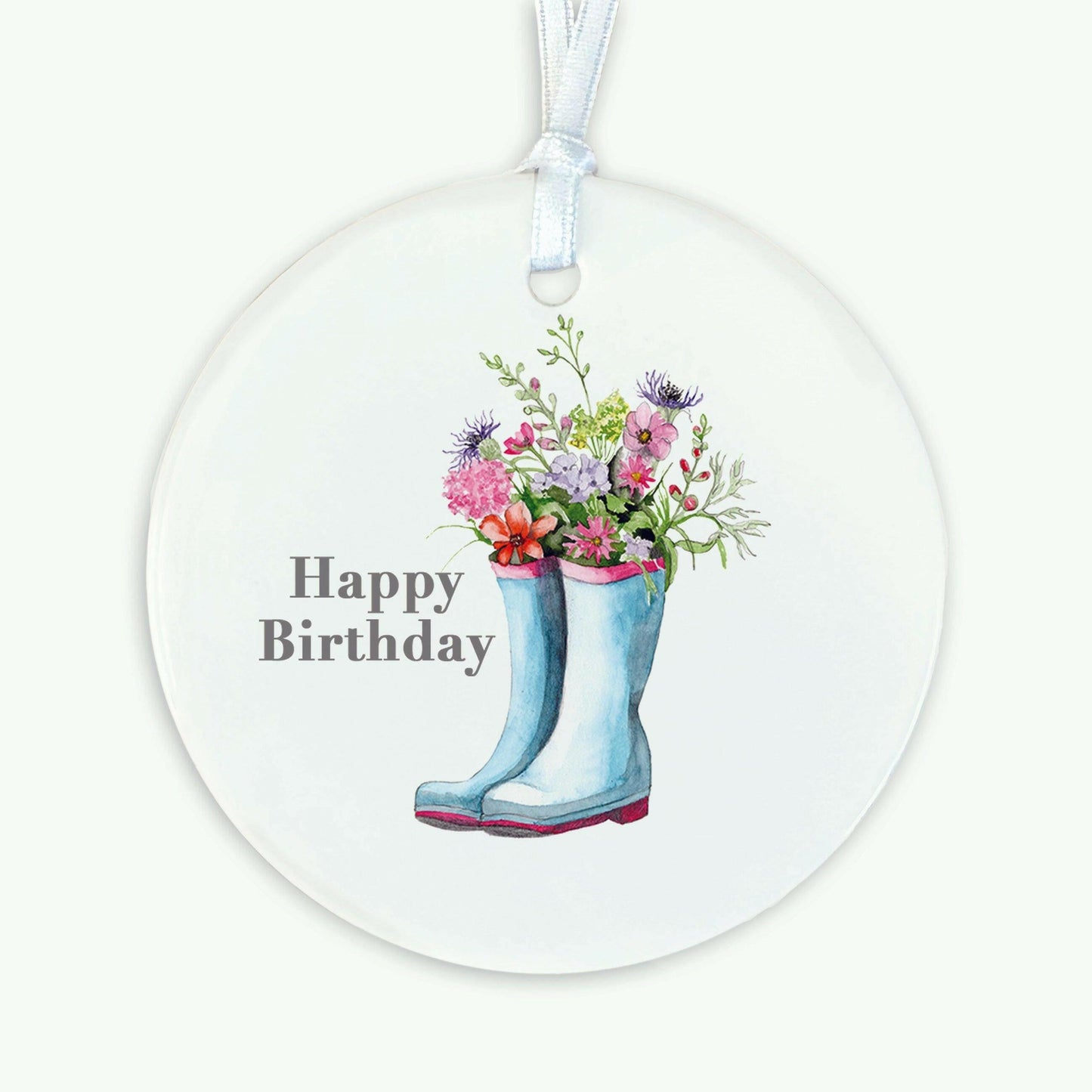 Ceramic Keepsake Hanging Decoration - A6 Birthday Greeting Card with Ceramic Keepsake - Flowers & Wellies Happy Birthday - Crumble and Core